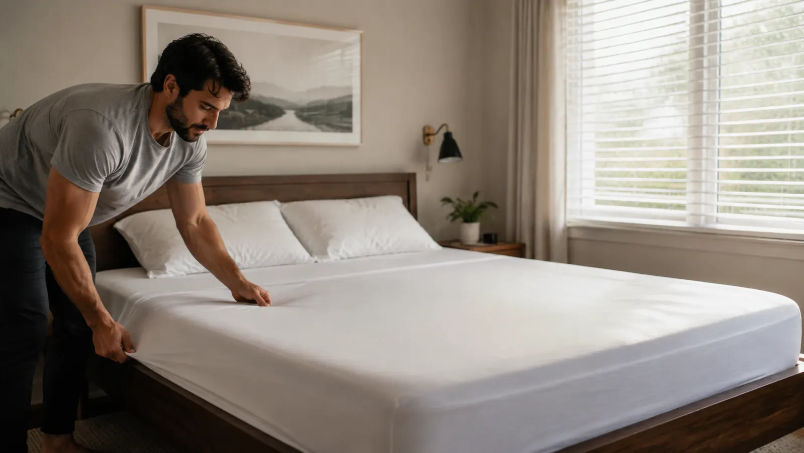 A neatly made bed with a mattress topper and fitted sheet pulled taut, afternoon light through blinds