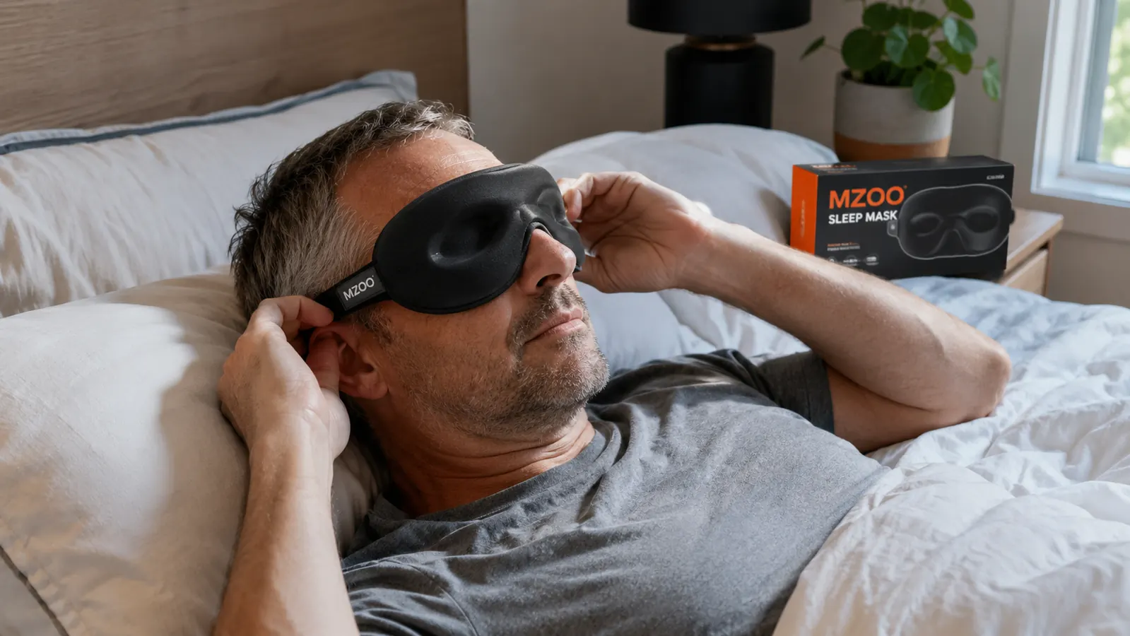 Hand placing a contoured MZOO sleep mask over the eyes while lying in bed during daylight hours