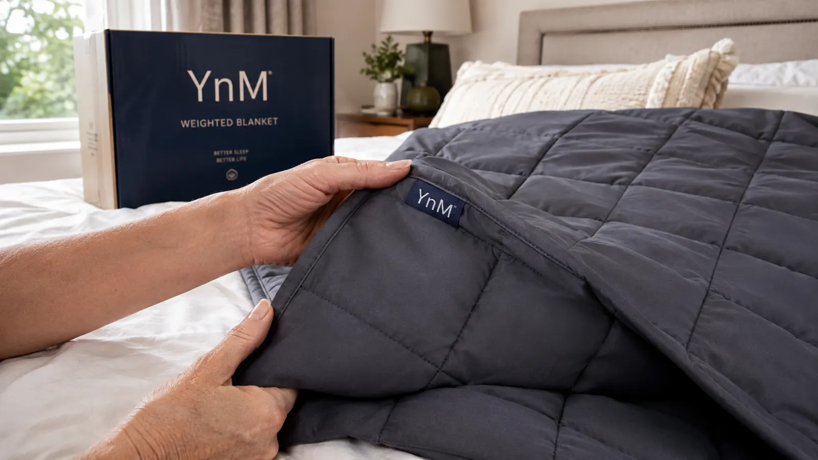 Hands pulling the corner of the YnM weighted blanket over a bed, showing the quilted glass bead pockets