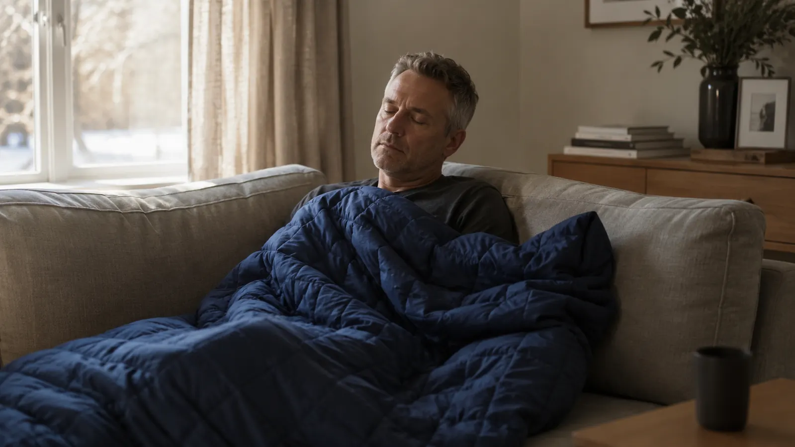 A person resting under a weighted blanket on a couch in the middle of the day with curtains partly drawn