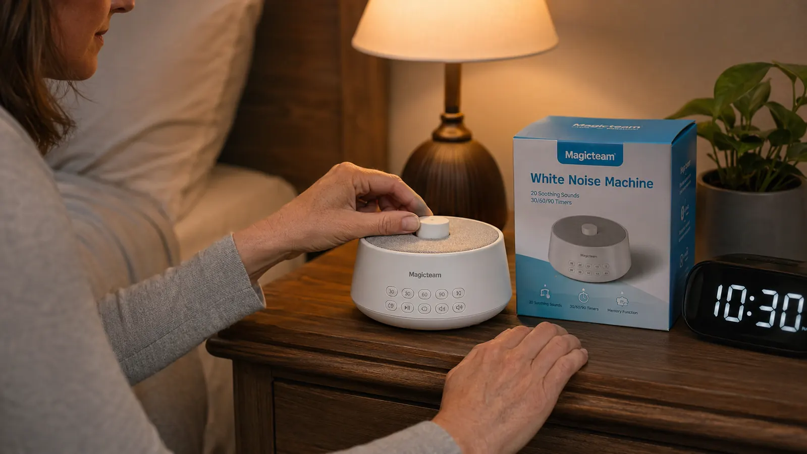 A hand adjusting the volume dial on the Magicteam white noise machine on a nightstand