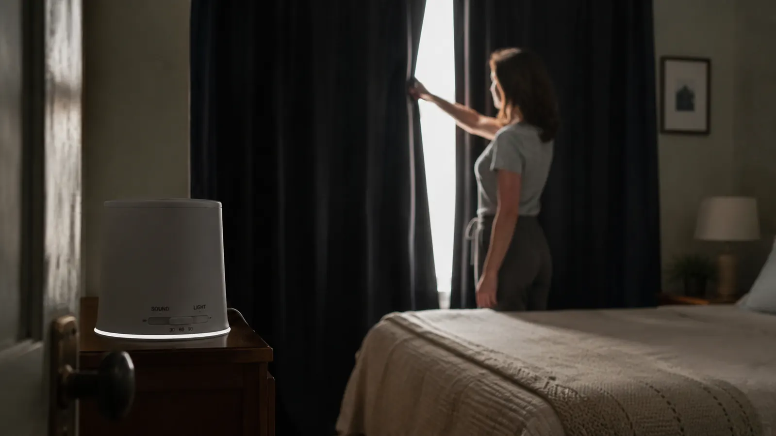 A bedroom set up for daytime sleep with blackout curtains drawn and a white noise machine running on a dresser