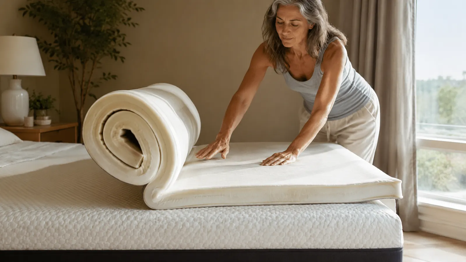 A mattress topper being unrolled and left to expand on a bare mattress in a sunlit bedroom