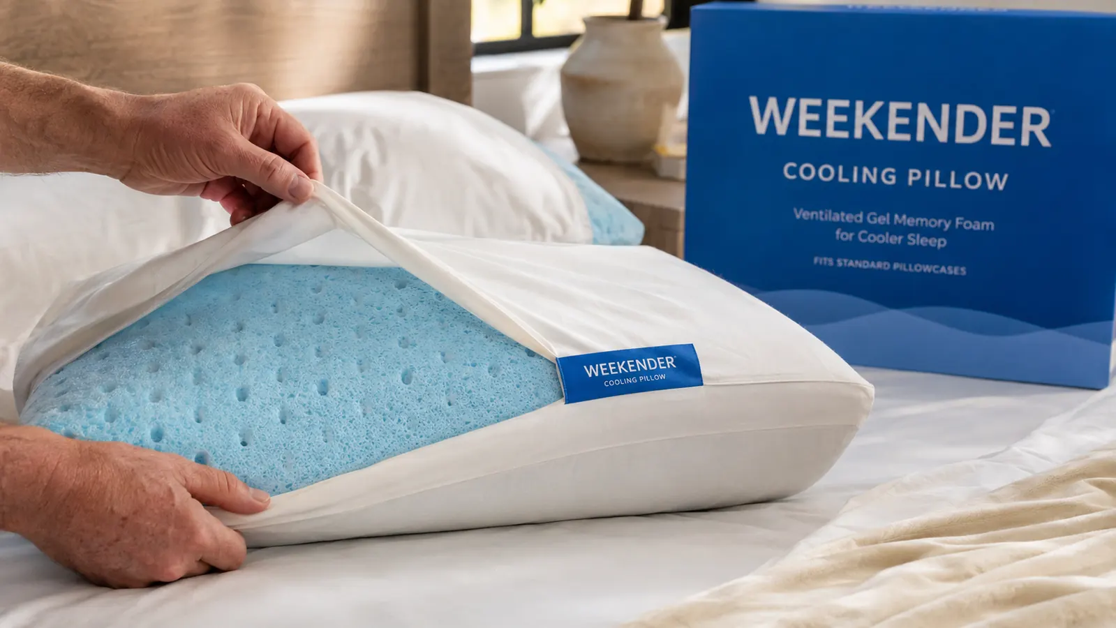 A hand flipping the Weekender cooling gel memory foam pillow to show the ventilated foam underneath the cover
