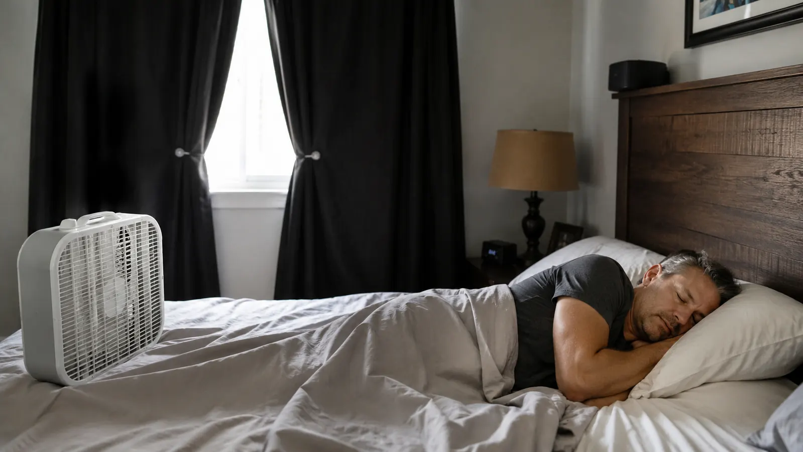 A bedroom fan angled across a bed toward a pillow, with blackout curtains partly drawn against daytime light