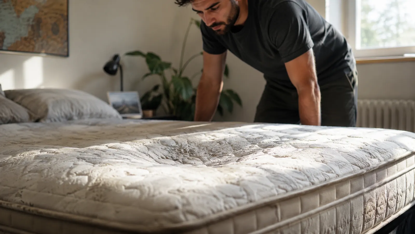 A worn, visibly sagging mattress corner with a faint body-shaped indentation before a topper was added