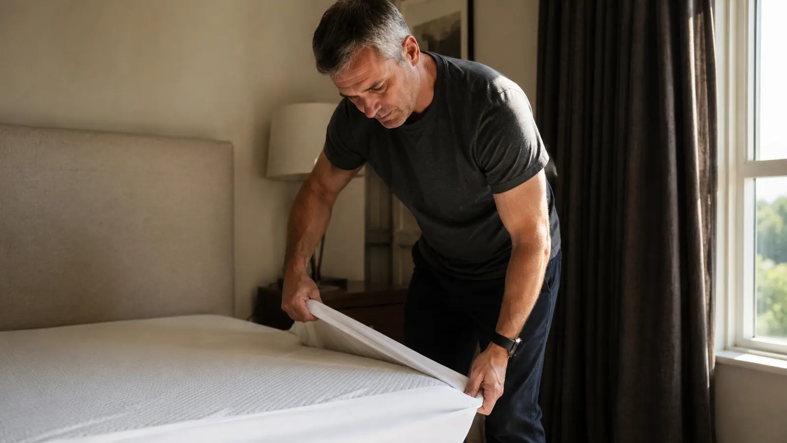 Person smoothing a fitted sheet over a mattress topper on an afternoon-lit bed before settling in to sleep