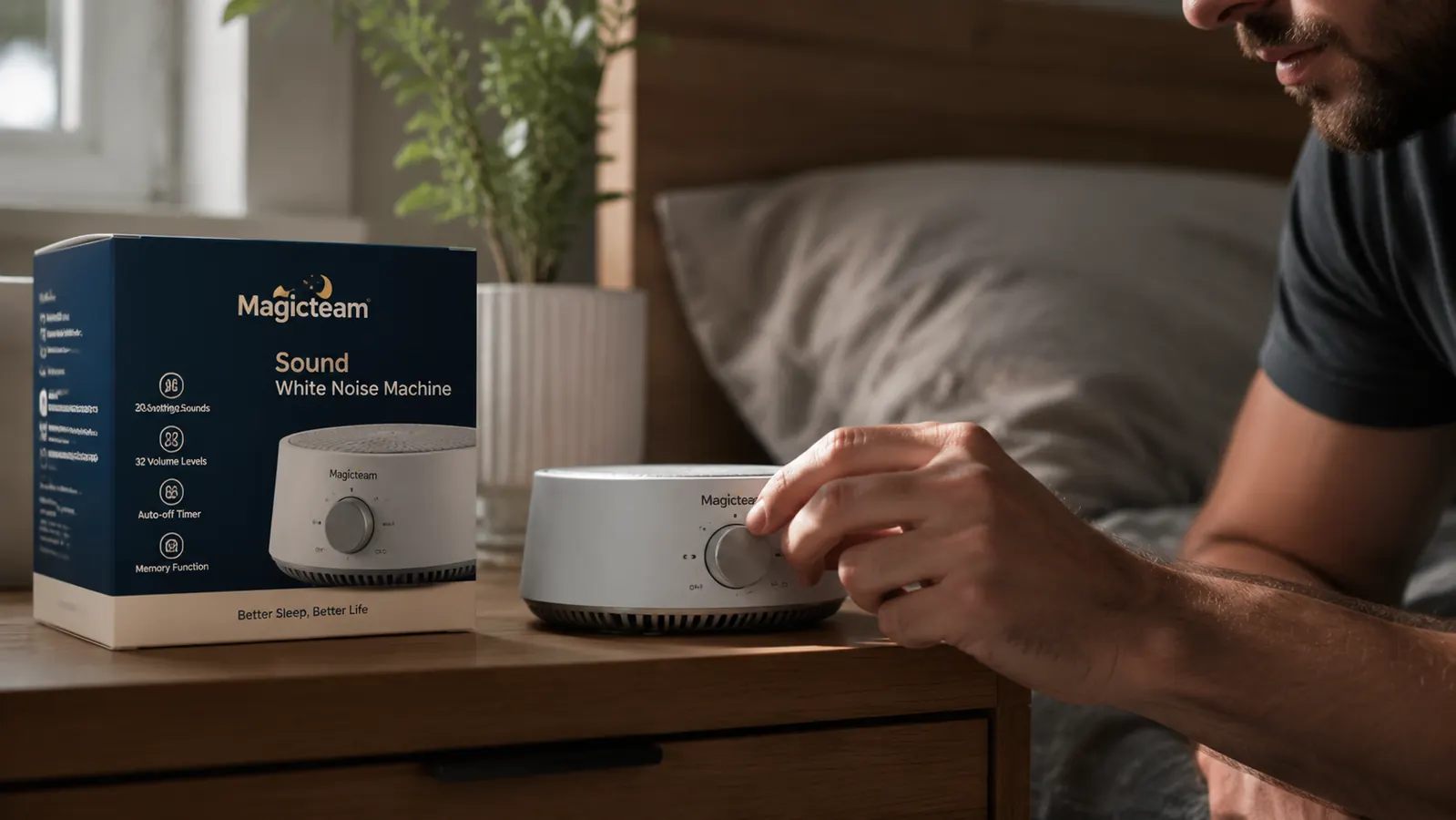 Hand turning the volume dial on the Magicteam white noise machine on a nightstand beside a sunlit window