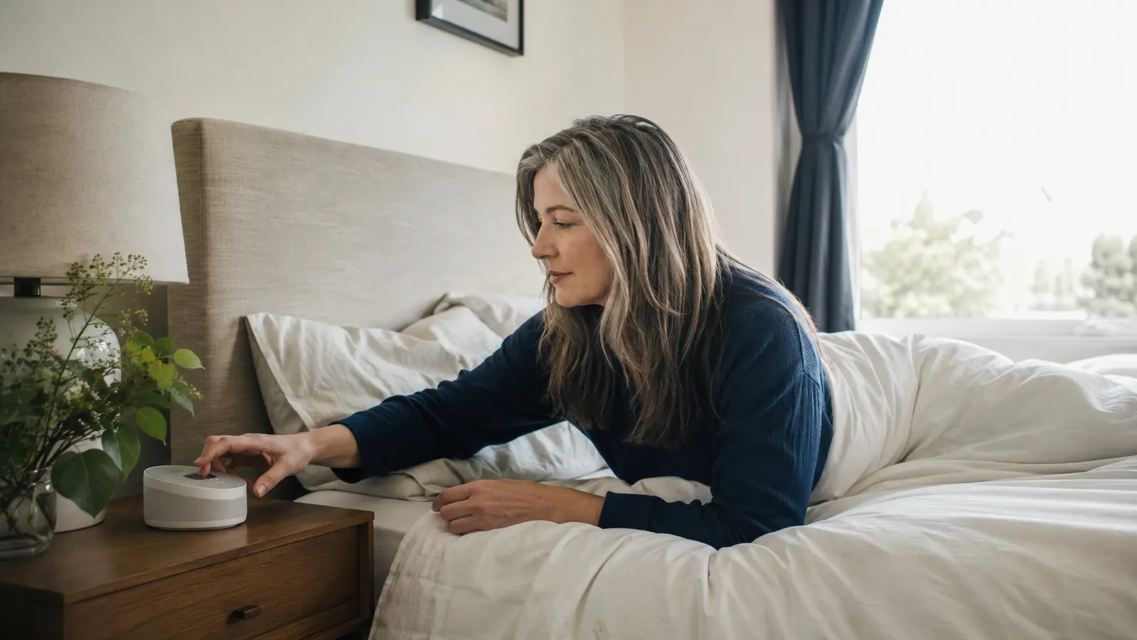Person reaching over to switch on a white noise machine before lying down in a bright bedroom during the day