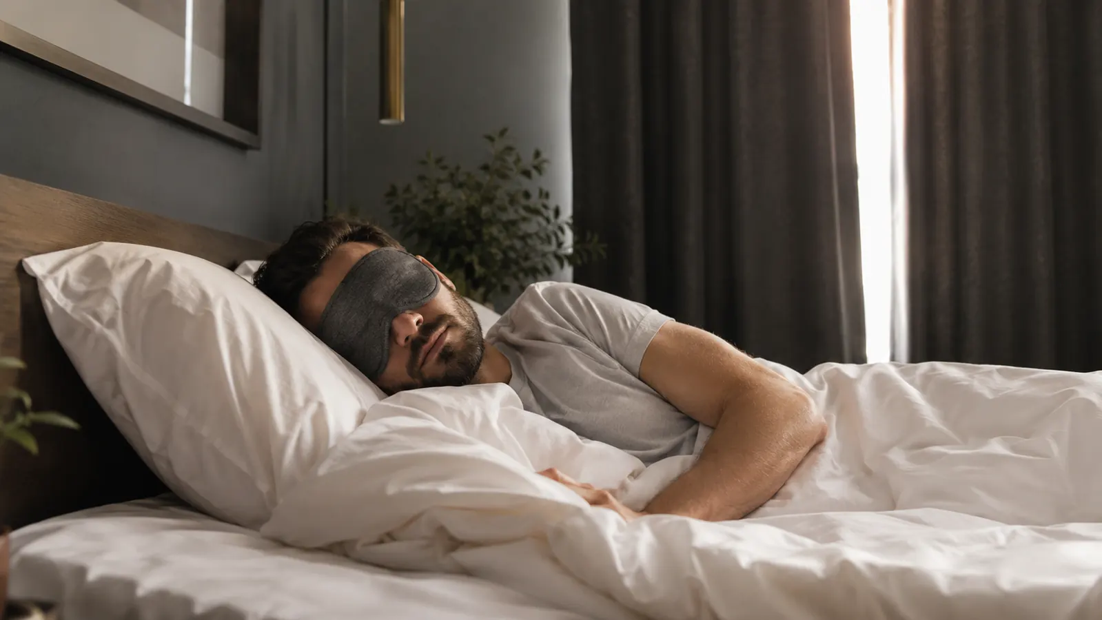 A woman resting with a contoured sleep mask on, blackout curtains glowing faintly at the edges behind her
