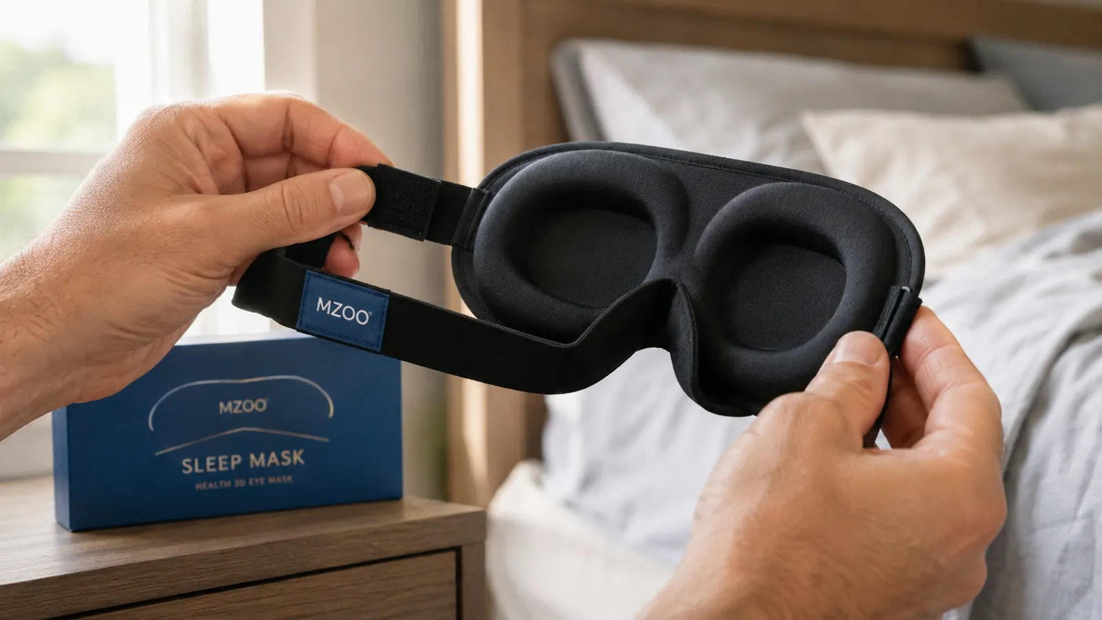 Close-up of a hand adjusting the contoured foam eye cup and Velcro strap of the MZOO sleep mask