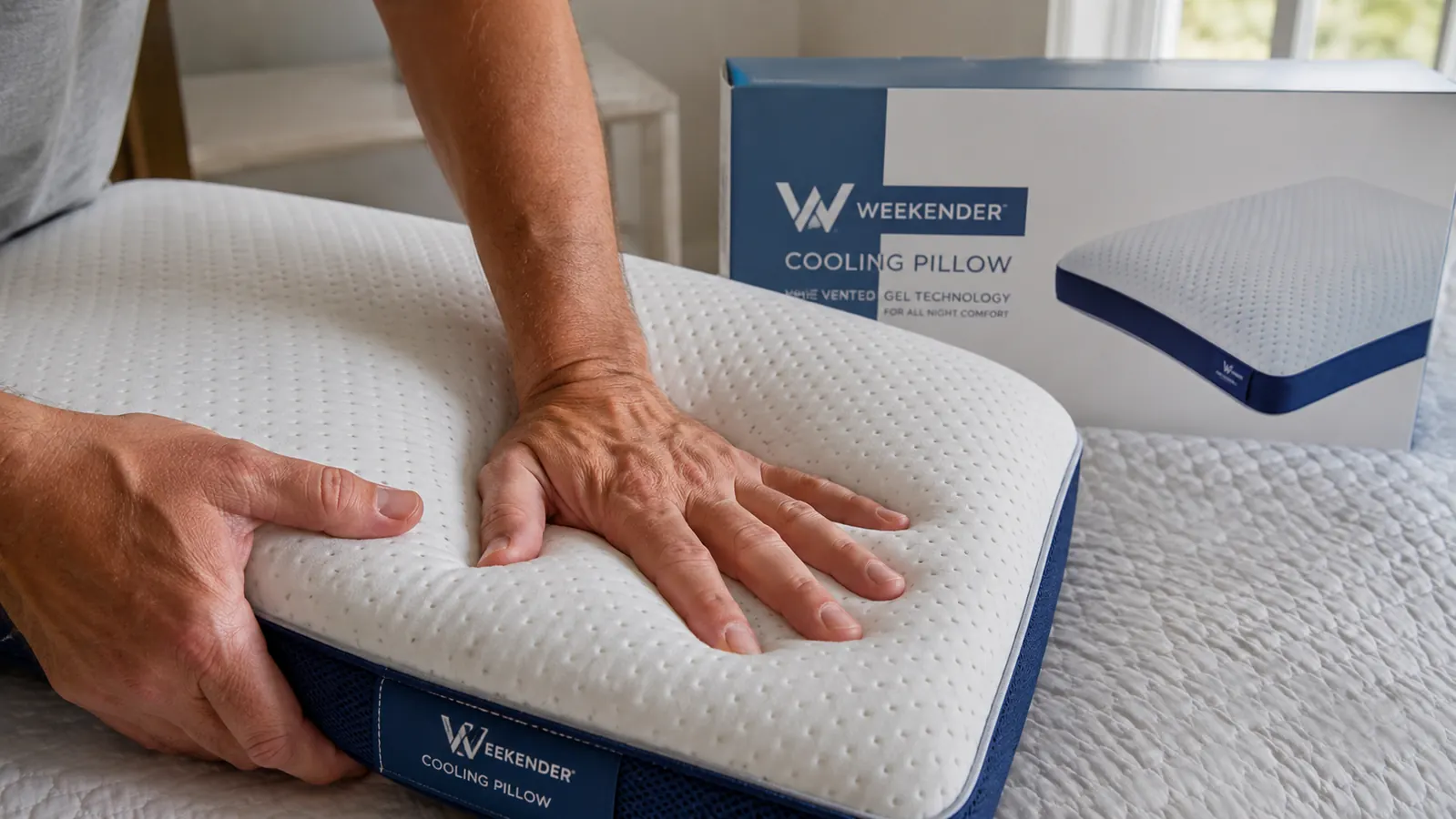Close-up of the ventilated surface of the Weekender cooling gel memory foam pillow beside an unmade bed