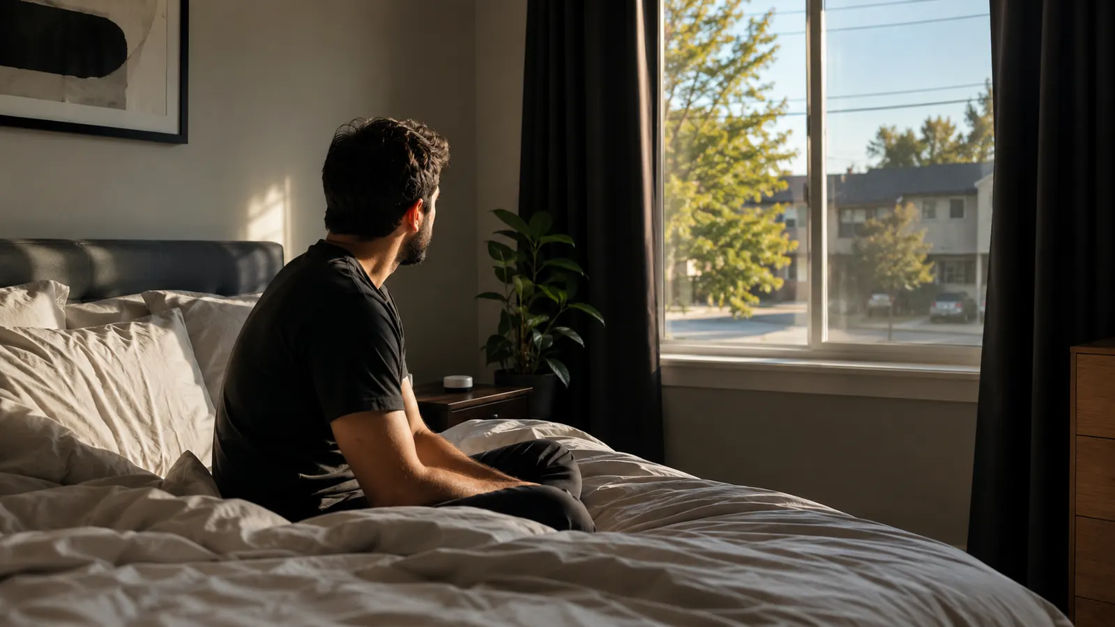 A quiet, made bed in a second-floor bedroom in late afternoon light with a daytime street visible through the window below