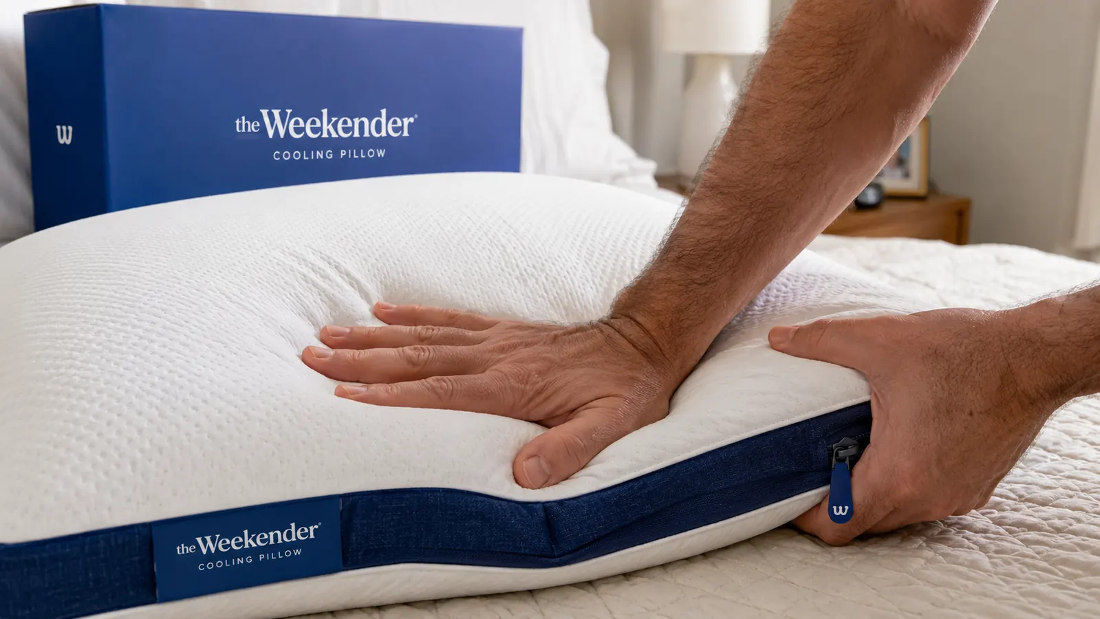 A hand pressing down on the Weekender cooling gel memory foam pillow to check its rebound after washing