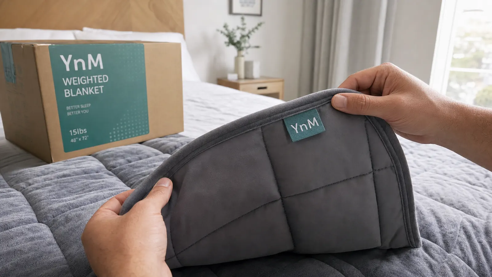Hands folding back the corner of a gray YnM weighted blanket to show the quilted glass bead pockets