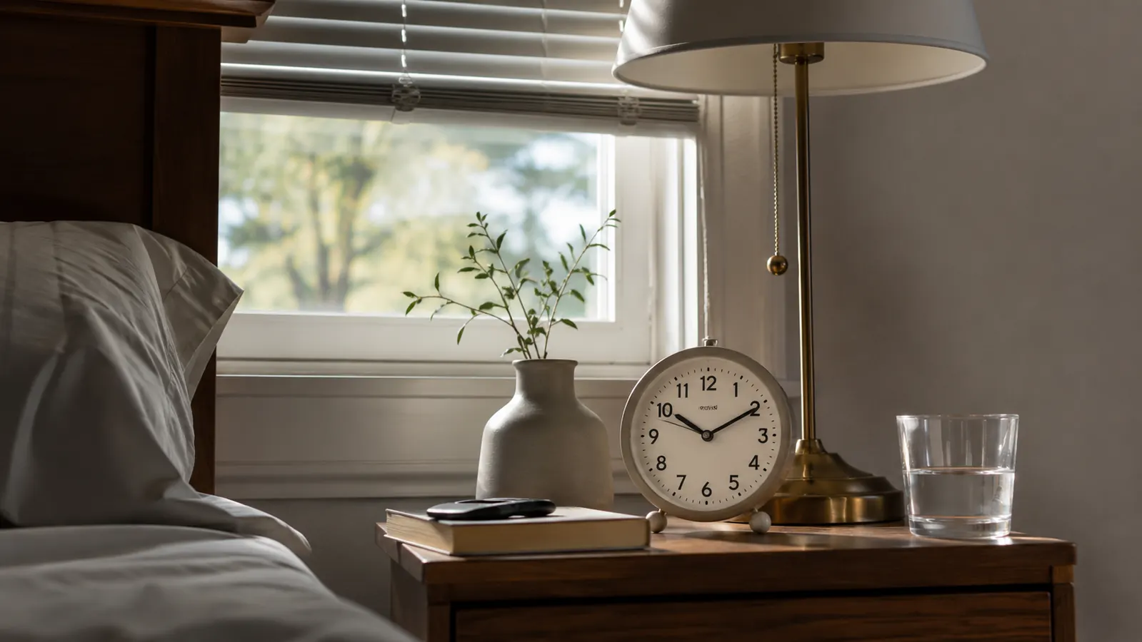 A nightstand clock reading 4:12pm beside a lamp with the blinds drawn against daylight