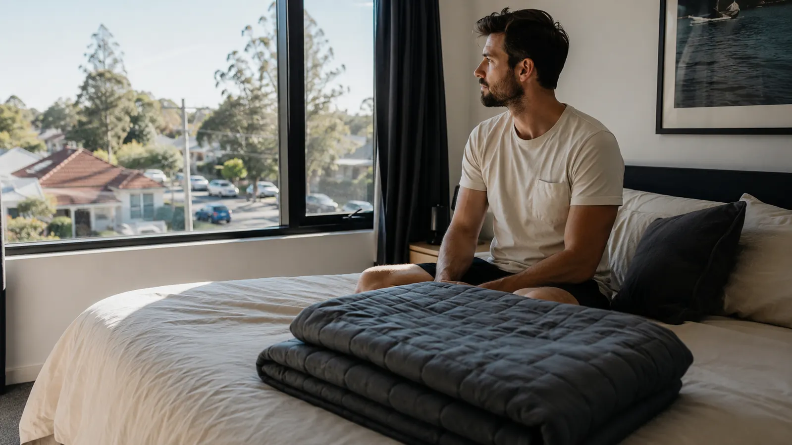 A neatly made bed with a folded gray weighted blanket at the foot, second-floor window with daytime street visible below