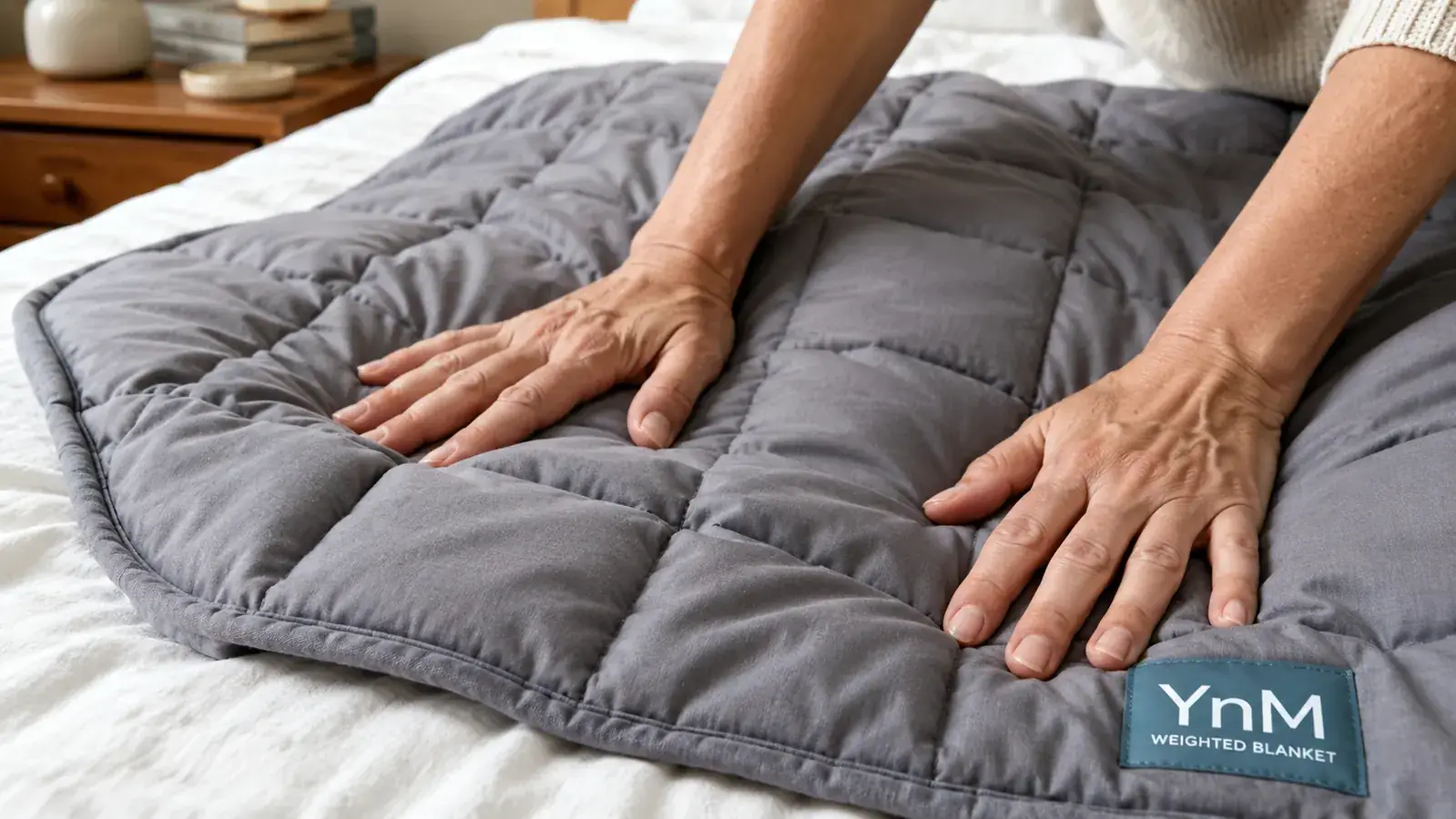 Close-up of hands pressing on the YnM weighted blanket showing the bead pockets shifting under pressure