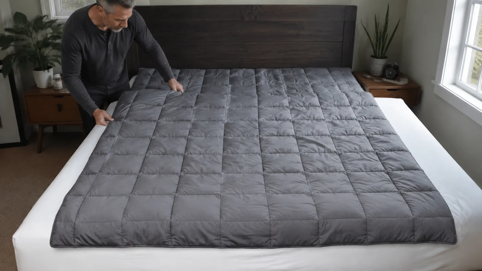 Weighted blanket draped over the side of a queen bed not reaching the floor, showing sizing gap