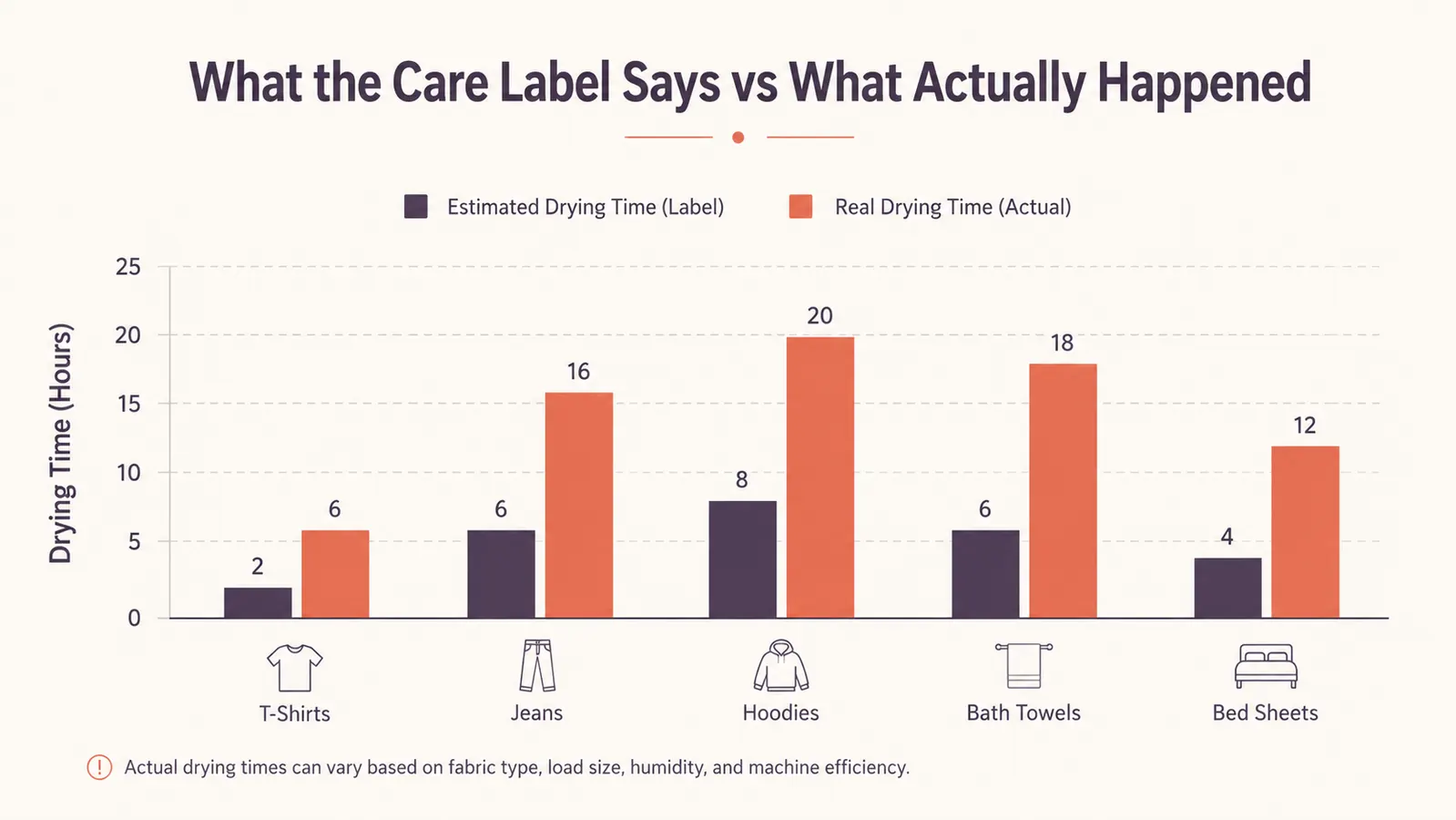 Simple chart comparing expected versus actual laundry drying time for a weighted blanket