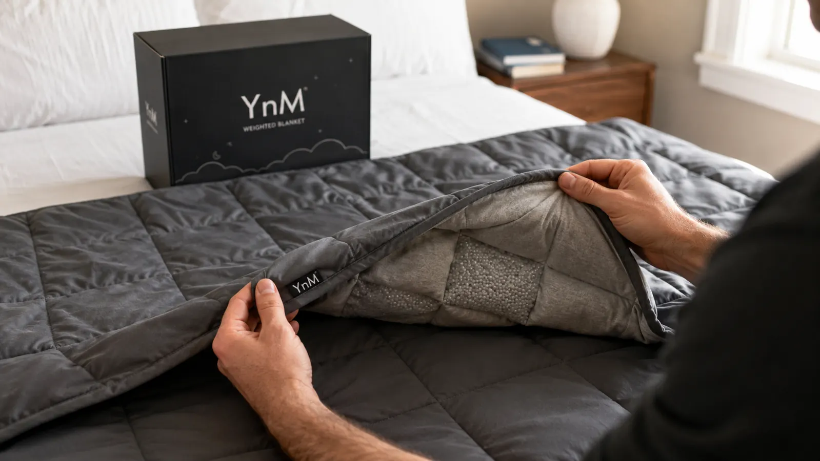 Hands unfolding the YnM weighted blanket to show the glass bead quilting pattern