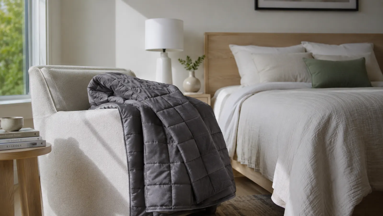 Weighted blanket draped over a reading chair near a window in daylight