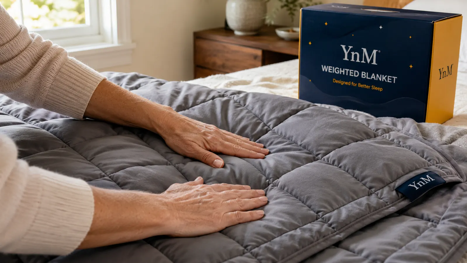Close-up of the YnM weighted blanket's diamond-stitched fabric pockets holding glass beads