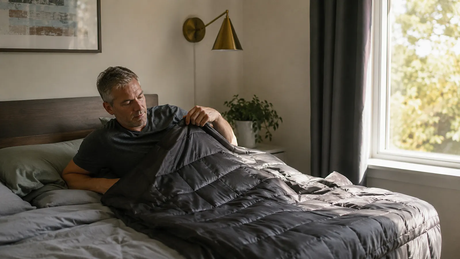 Person pulling a weighted blanket over themselves in a bright bedroom during the day